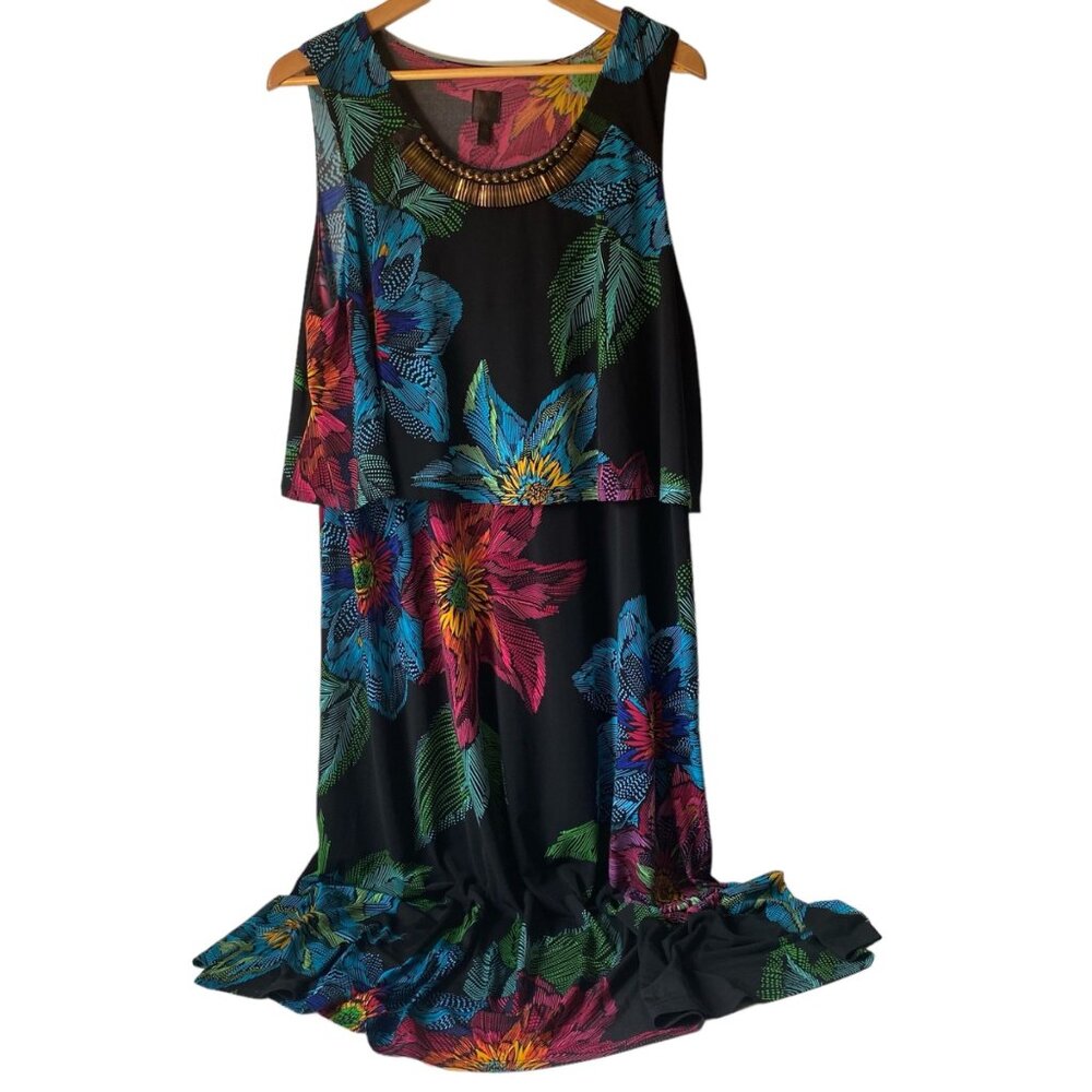 Rafaella tropical maxi‎ sundress black bold bronze beads tiered Hawaii XL